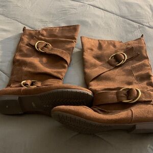 Brown Suede Women's Boots with Gold Buckles